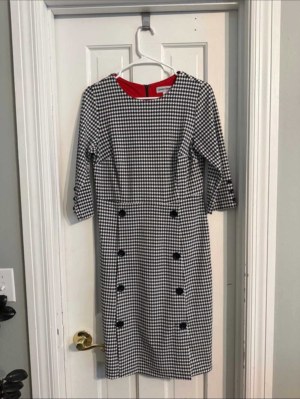 Shelby & Palmer Black and White Houndstooth Sheath Dress with Red Accents